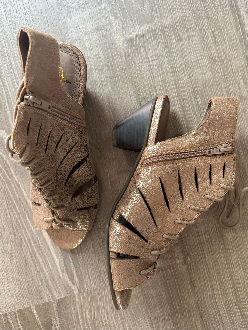 Gold Shimmer Laced Up Cutout Peep-Toe Block Heel Ankle Boots